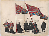 Plate 48: Men bearing arms and heraldic flags marching in the funeral procession of Archduke Albert of Austria; from 'Pompa Funebris ... Alberti Pii', Cornelis Galle I  Netherlandish, Etching with hand coloring