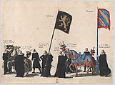 Plate 45: Men with heraldic flags and horses from the House of Brabant and Burgundy marching in the funeral procession of Archduke Albert of Austria; from 'Pompa Funebris ... Alberti Pii', Cornelis Galle I  Netherlandish, Etching with hand coloring