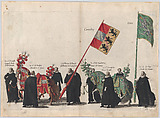 Plate 44: Men with heraldic flags and horses from Carinthia and Styria marching in the funeral procession of Archduke Albert of Austria; from 'Pompa Funebris ... Alberti Pii', Cornelis Galle I  Netherlandish, Etching with hand coloring