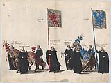 Plate 39: Men with heraldic flags and horses from Burgundy and Artois marching in the funeral procession of Archduke Albert of Austria; from 'Pompa Funebris ... Alberti Pii', Cornelis Galle I  Netherlandish, Etching with hand coloring