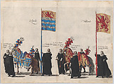Plate 37: Men with heraldic flags and horses from Zeeland and Holland marching in the funeral procession of Archduke Albert of Austria; from 'Pompa Funebris ... Alberti Pii', Cornelis Galle I  Netherlandish, Etching with hand coloring
