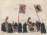 Plate 36: Men with heraldic flags and horses from Zutphen and Namur marching in the funeral procession of Archduke Albert of Austria; from 'Pompa Funebris ... Alberti Pii', Cornelis Galle I  Netherlandish, Etching with hand coloring