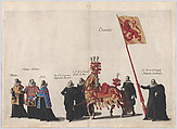 Plate 35: Men with heraldic flags and horses from Charolois marching in the funeral procession of Archduke Albert of Austria; from 'Pompa Funebris ... Alberti Pii', Cornelis Galle I  Netherlandish, Etching with hand coloring