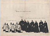 Plate 6: Members of the court chapel choir marching in the funeral procession of Archduke Albert of Austria; from 'Pompa Funebris ... Alberti Pii', Cornelis Galle I  Netherlandish, Etching with hand coloring