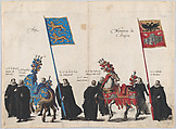 Plate 34: Men with heraldic flags and horses from Frise and the Hapsburg Empire marching in the funeral procession of Archduke Albert of Austria; from 'Pompa Funebris ... Alberti Pii', Cornelis Galle I  Netherlandish, Etching with hand coloring
