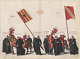 Plate 33: Men with heraldic flags and horses from Mechelen and Salins marching in the funeral procession of Archduke Albert of Austria; from 'Pompa Funebris ... Alberti Pii', Cornelis Galle I  Netherlandish, Etching with hand coloring