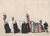 Plate 51: Members of the court of justice marching in the funeral procession of Archduke Albert of Austria; from 'Pompa Funebris ... Alberti Pii', Cornelis Galle I  Netherlandish, Etching with hand coloring