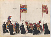 Plate 32: Men with heraldic flags and horses from Overijssel and Utrecht marching in the funeral procession of Archduke Albert of Austria; from 'Pompa Funebris ... Alberti Pii', Cornelis Galle I  Netherlandish, Etching with hand coloring