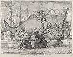 Plate 34: King Ferdinand as Neptune, seated on a whale at center, with putti atop two small fish on either side; from Guillielmus Becanus's 'Serenissimi Principis Ferdinandi, Hispaniarum Infantis...', Jacob Neeffs Flemish, Engraving