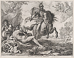 Plate 28: Mars on horseback at center, and Romulus and Remus with the wolf at lower left; from Guillielmus Becanus's 'Serenissimi Principis Ferdinandi, Hispaniarum Infantis...', Jacob Neeffs Flemish, Engraving