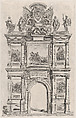Plate 12: Triumphal arch, elevation of the back facade, surmounted with the arms of Ferdinand and decorated with five mythical or heroic scenes; from Guillielmus Becanus's 'Serenissimi Principis Ferdinandi, Hispaniarum Infantis...', Johannes Meursius Flemish, Engraving