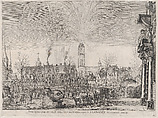 Plate 41: Fireworks display in city square with Ferdinand watching from a balcony at right; from Guillielmus Becanus's 'Serenissimi Principis Ferdinandi, Hispaniarum Infantis...', Johannes Meursius Flemish, Engraving