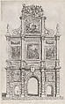Plate 27: Triumphal arch, elevation of the back, surmounted by allegorical figures and decorated with scenes from Roman mythology and history; from Guillielmus Becanus's 'Serenissimi Principis Ferdinandi, Hispaniarum Infantis...', Johannes Meursius Flemish, Engraving