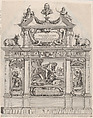 Plate 36: Triumphal arch, surmounted with a portrait bust of Ferdinand, flanked by sculptures of Apollo and Diana; ornamented with allegorical scenes below; from Guillielmus Becanus's 'Serenissimi Principis Ferdinandi, Hispaniarum Infantis...', Johannes Meursius Flemish, Engraving