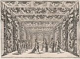 The Arsenal; two soldiers conversing with two women on the right as a group of soldiers look on from the left; set design from 'Il Fuoco Eterno', Mathäus Küsel German, Etching