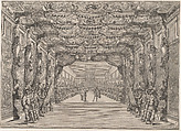 The Roman curia with guards in the anteroom; set design from 'Il Fuoco Eterno', Mathäus Küsel German, Etching