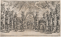 Kingdom of Pluto; a view of the underworld with Pluto and Proserpina enthroned at center, surrounded by demons; set design from 'Il Pomo D'Oro', Mathäus Küsel German, Etching