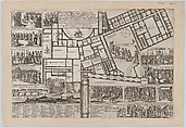 Papal conclave following the death of Pope Alessandro VII, with an iconographic map of Vatican City and scenes of the funeral, procession, and election of the new pope, Giovanni Giacomo De Rossi  Italian, Etching