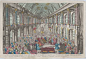 Cerémonie de la Bénédiction Nuptiale donnée dans la Chapelle de Versailles le 16 mai 1770, par Monsieur de la Roche-Aymon, Achevêque de Rheims  à Louis-Auguste, Dauphin de France, et a l'Archiduchesse Marie-Antoinette d'Autriche, Soeur de l'Empereur, Basset  French, Hand-colored etching and engraving
