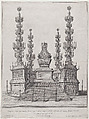 Catafalque for Pope Clement X; central structure at the top of a fifteen step platform, with columns surmounted by candelabra at each of the four corners, Giovanni Battista Falda  Italian, Etching