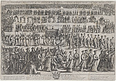 The procession of the casket of St. Genevieve, with clerics and laymen marching in six rows; in the foreground the Archbishop of Paris is carried in a chair, the Chasse in the row above him, and the monks of the monasteries of Paris lead the procession at top, Nicolas Cochin French, Etching