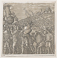 Sheet 4: Men carrying trophies at left, trumpeters at right, from "The Triumph of Julius Caesar", Andrea Andreani Italian, Chiaroscuro woodcut from four blocks in gray-green ink