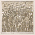 Sheet 1: Soldiers carrying banners depicting Julius Caesar's triumphant military exploits, from "The Triumph of Julius Caesar", Andrea Andreani Italian, Chiaroscuro woodcut from two blocks in light brown ink