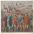 Sheet 1: Soldiers carrying banners depicting Julius Caesar's triumphant military exploits, from "The Triumph of Julius Caesar", Andrea Andreani Italian, Hand-colored woodcut