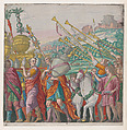Sheet 4: Men carrying trophies at left, trumpeters at right, from "The Triumph of Julius Caesar", Andrea Andreani Italian, Hand-colored woodcut