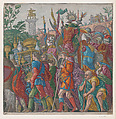Sheet 6: Men Carrying Trophies, from "The Triumph of Julius Caesar", Andrea Andreani Italian, Hand-colored woodcut