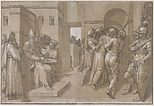 Pilate at the left washing his hands (left side of sheet), Andrea Andreani (Italian, Mantua 1558/1559–1629), Chiaroscuro woodcut from four blocks printed in green-brown ink