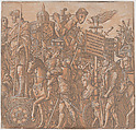 Sheet 2: A figure on a triumphal chariot surrounded by figures on horseback, from "The Triumph of Julius Caesar", Andrea Andreani Italian, Chiaroscuro woodcut from four blocks printed in pink