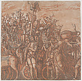 Sheet 3: The trophies of war, from "The Triumph of Julius Caesar", Andrea Andreani Italian, Chiaroscuro woodcut from four blocks printed in pink