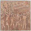 Sheet 1: Roman soldiers carrying banners depicting the triumphant victories of Julius Caesar, from "The Triumph of Julius Caesar", Andrea Andreani  Italian, Chiaroscuro woodcut from four blocks printed in pink