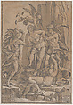Virtue as a young woman surrounded by four figures representing love, error, ignorance and opinion, Andrea Andreani  Italian, Chiaroscuro woodcut printed from four blocks in brown ink