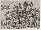Section A: an angel holding a cross at upper left, Adam and Eve below, from "The Triumph of Christ", Andrea Andreani Italian, Lithograph copy of a woodcut