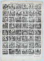 Broadside with 48 scenes relating to the story of the enchanted lady (Dama encantada), José Noguera  Spanish, Wood engraving