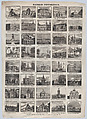 Broadside with 40 scenes of picturesque buildings and locations in Madrid, José María Marés Spanish, Wood engraving