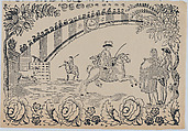 Suerte I: Bull entering the bullring after a law officer on horseback; two toreros standing to right, Anonymous, Spanish, 19th century Spanish, Woodcut
