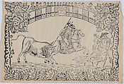 Suerte III: Picador stabbing a bull; two toreros running to right, Anonymous, Spanish, 19th century Spanish, Woodcut