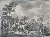 A Gathering of Horsemen and a Coach near a Watering Place, Dirk Langendijk Dutch, Pen and gray-black ink, brush and gray wash; framing lines in pen and black ink