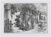 Plate 12: a group of people outdoors including a boy playing a flute, from "Customs and Pastimes of the Spanish People", Francisco Lameyer y Berenguer  Spanish, Etching