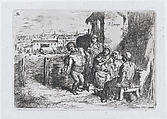 Plate 16: a group of people outdoors, including a man pouring wine or water from a vessel on his back, from "Customs and Pastimes of the Spanish People", Francisco Lameyer y Berenguer  Spanish, Etching