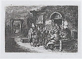 Plate 18: street musicians and other figures outisde a tavern, from "Customs and Pastimes of the Spanish People", Francisco Lameyer y Berenguer  Spanish, Etching