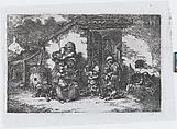 Plate 19: a family and a boy playing with a dog outside a house, from "Customs and Pastimes of the Spanish People", Francisco Lameyer y Berenguer  Spanish, Etching