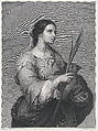 St Justa, three-quarter length, turned to right, holding two pots and a palm, Auguste Blanchard père  French, Engraving