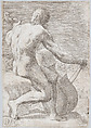 Study from behind of a naked man playing a cello, from "Principios para estudiar el Nobilísimo y Real arte de la Pintura", José García Hidalgo  Spanish, Etching