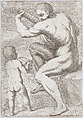 Study of a naked man playing a vihuela, a child holding a sheet of music at the left, from "Principios para estudiar el Nobilísimo y Real arte de la Pintura", José García Hidalgo  Spanish, Etching