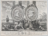 Two bust portraits of Carlos III at left and Carlos IV and Maria Louisa at right in roundels fixed to the columns of Hercules set within a landscape, Manuel Salvador Carmona  Spanish, Etching and engraving