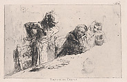 Cardplayers: three men, two seated one standing before a spread of cards on a table, Mariano Fortuny, 1838–1874  Spanish, Etching
